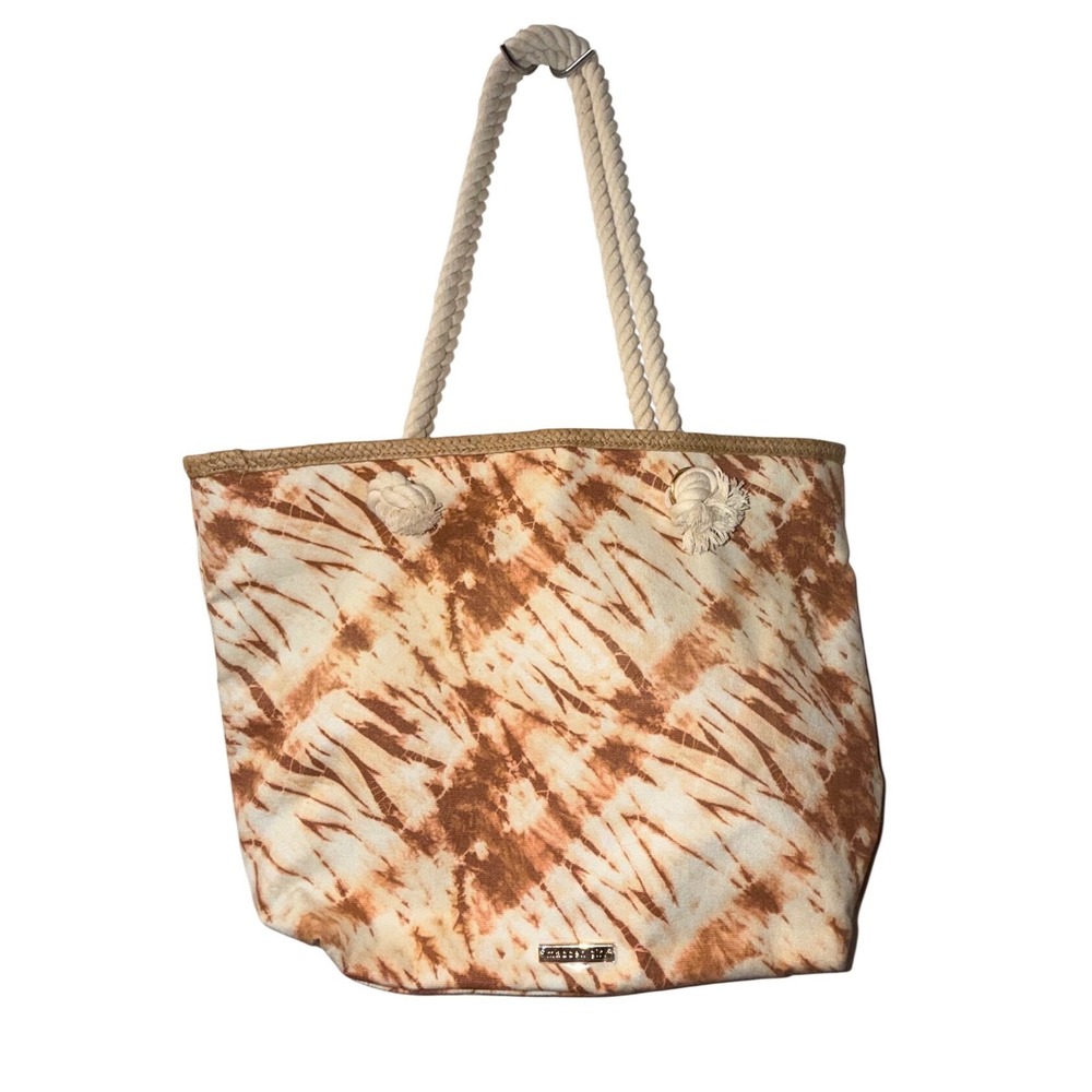 Madden Girl Tie Dye Canvas Beach Tote Bag Brown Cream Rope Handle Boho Shoulder